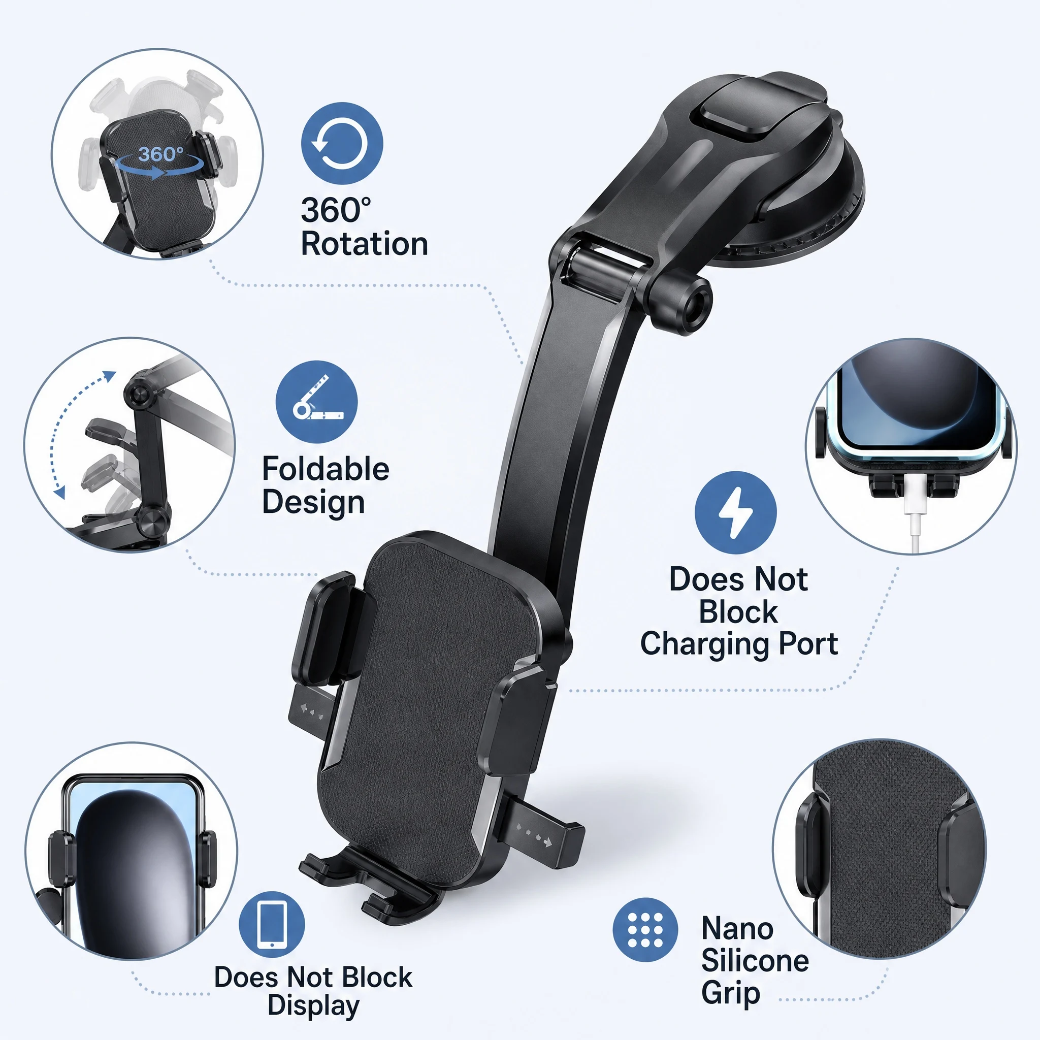 Car Phone Holder 360 Degree Rotation Dashboard Windshield Mount Universal Phone Stand Folding Car Bracket No Blocking Display Charging Port GPS Navigation