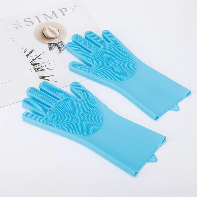 Multi-Purpose Silicone Scrubber Cleaning Gloves Reusable Blue for Kitchen Dishwashing Bathroom & Car Cleaning
