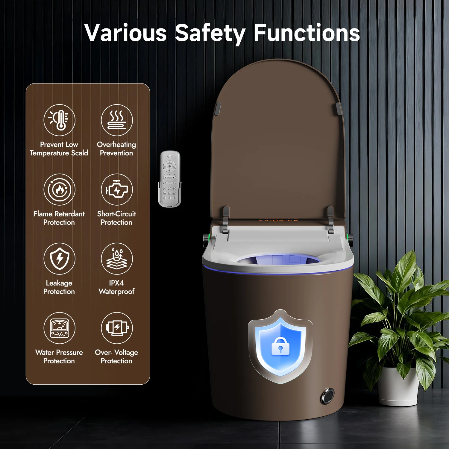 Brown Smart Tankless Toilet 1.28 GPF Dual-Flush Auto Flush Heated Seat Bidet Warm Wash Dryer Auto Open Soft-Close Sterilization