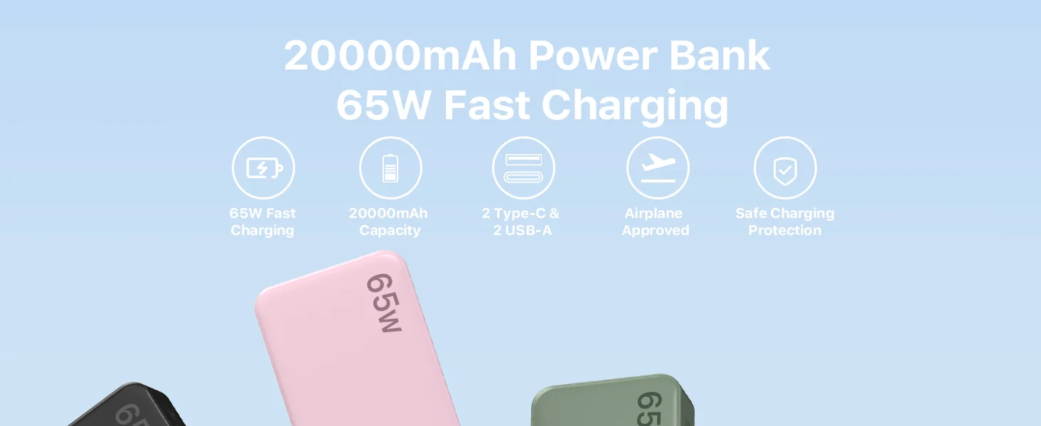 JUOVI Power Bank 65W 20000mAh Laptop Portable Charger, PD QC Fast Charging External Battery Pack for MacBook iPad Tablet iPhone