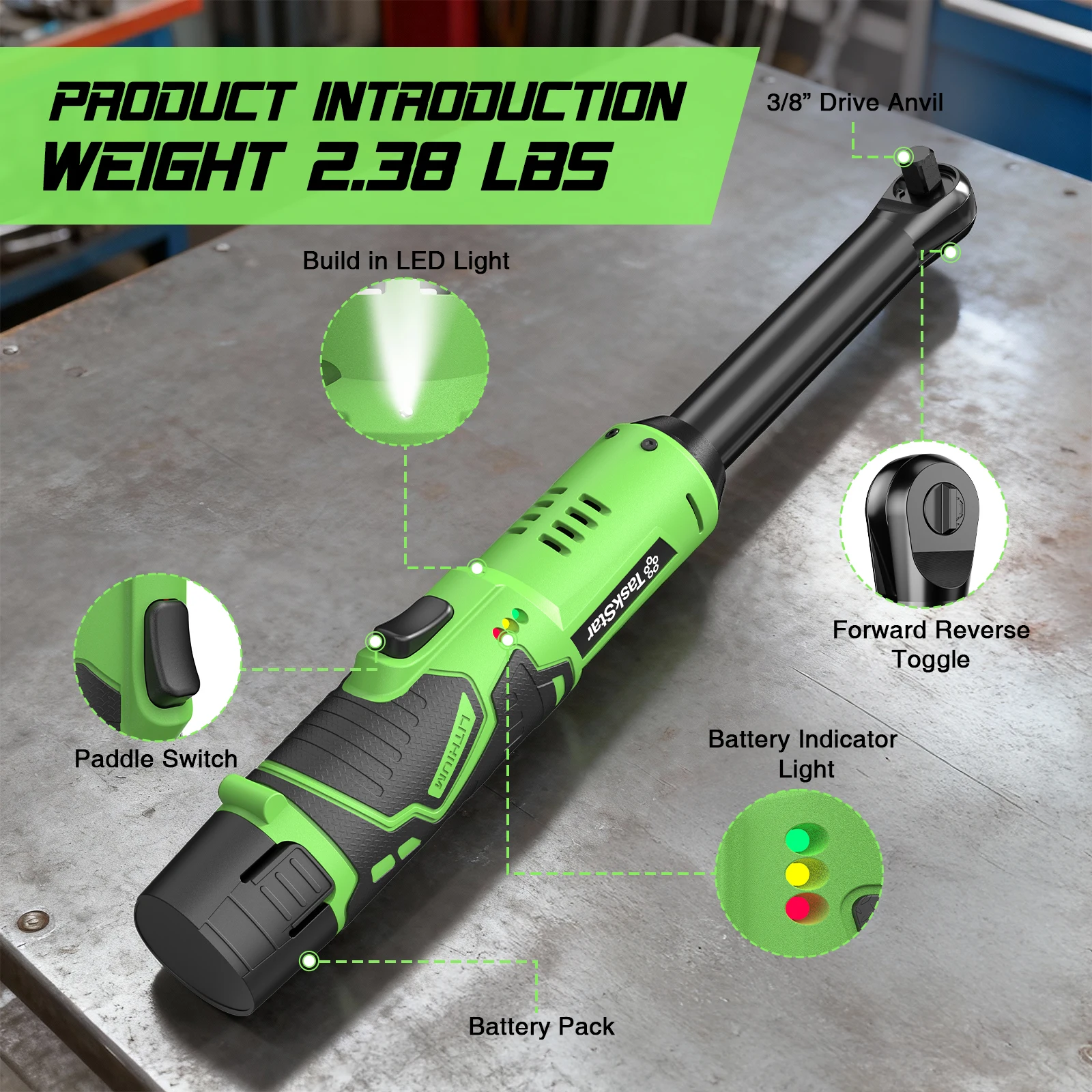 TaskStar 6.3-inch Extended Ratchet Wrench 3/8" Driver Cordless Electric Wrench Car Dismantling Power Tool For DIY Car Mechanic