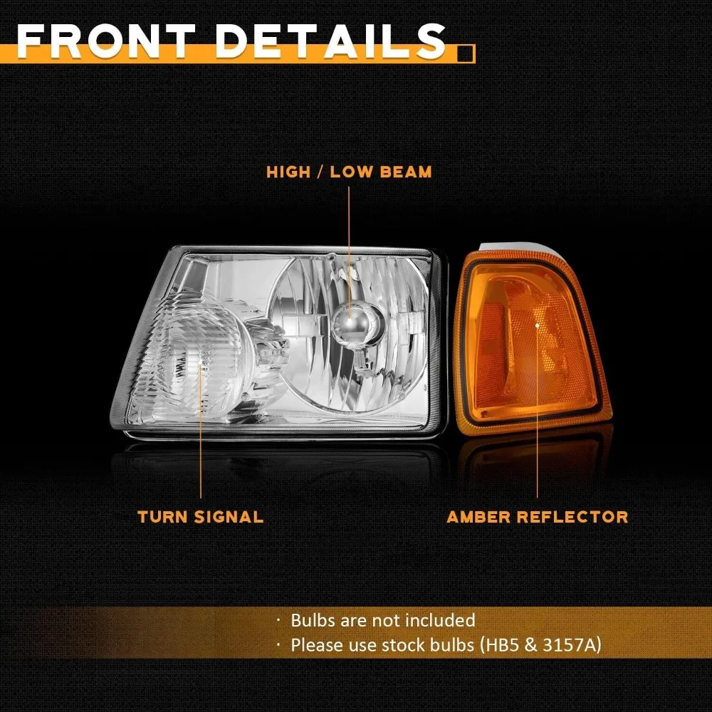 Pair Headlights Assembly For 2001-2011 Ford Ranger Chrome Headlamps w/o Bulbs