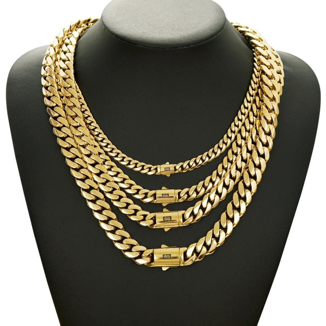 14K Gold-Plated Cuban Necklace Miami Cuban Link Chain 6-14mm Stainless Steel Technology Anti-Rust Colorfast Waterproof Anti-Friction The Best Gift for Men and Women Men's Jewelry