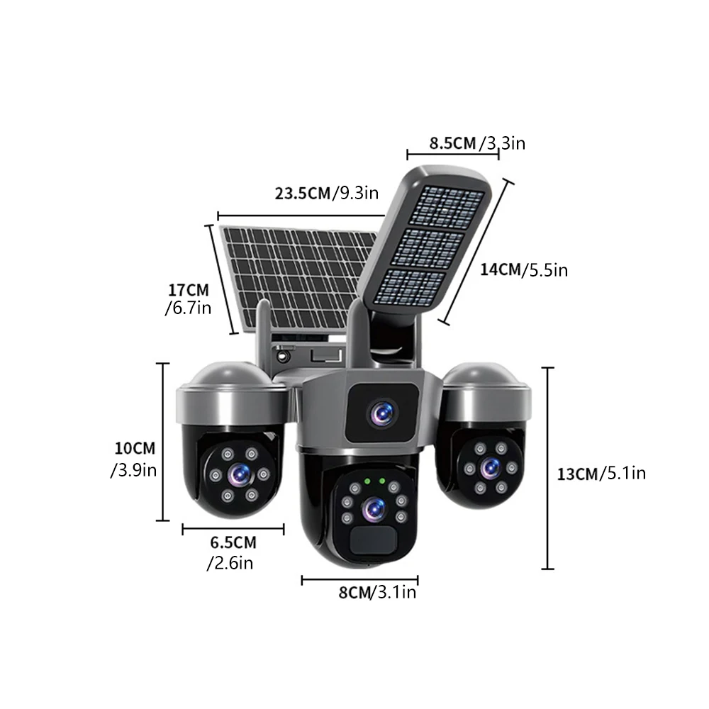 Solar Camera 3-Lens 6MP WiFi Security Camera V380 Pro Two-Way Audio Night Vision Auto Tracking PIR Outdoor Waterproof CCTV