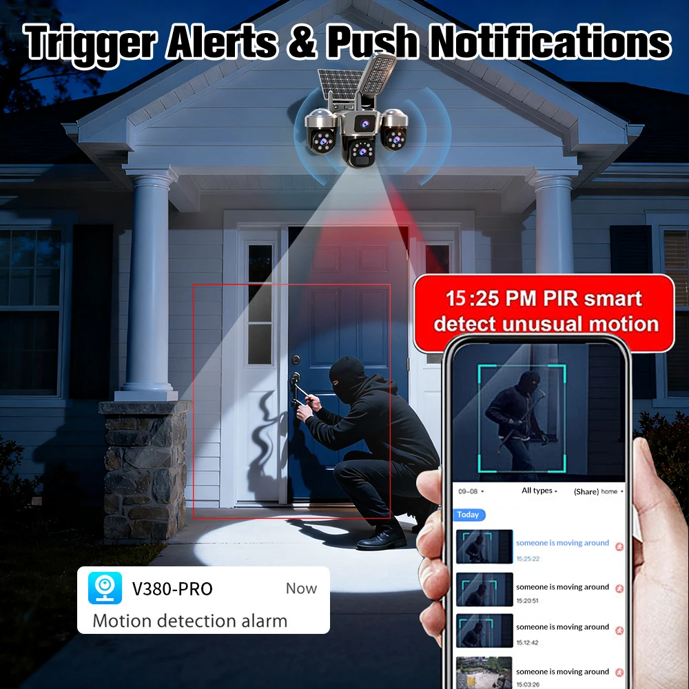 Solar Camera 3-Lens 6MP WiFi Security Camera V380 Pro Two-Way Audio Night Vision Auto Tracking PIR Outdoor Waterproof CCTV