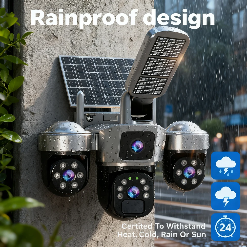 Solar Camera 3-Lens 6MP WiFi Security Camera V380 Pro Two-Way Audio Night Vision Auto Tracking PIR Outdoor Waterproof CCTV