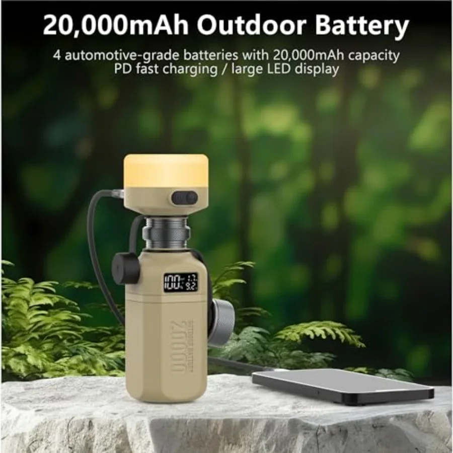 20000mAh Rugged Power Bank with Fast Charge USB-C PD IP68 Waterproof Shockproof Includes 420lm Bright Camping Lantern Tactical