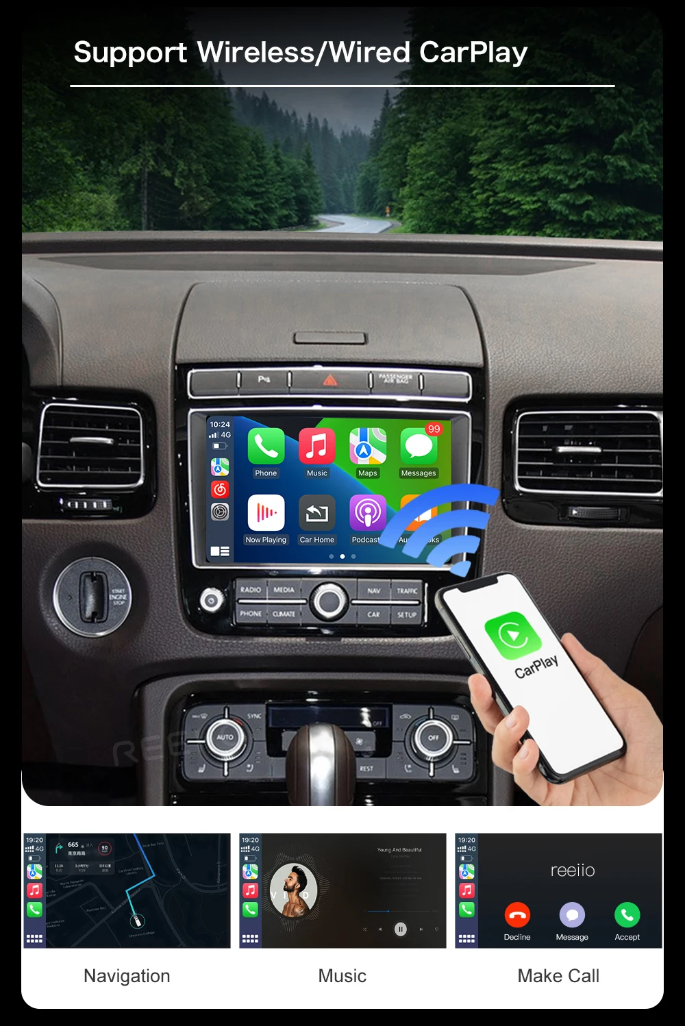 For Volkswagen Touareg RNS850 2010-2018 Wireless CarPlay Interface Android Auto with Voice Control Mirror Link GPS BT Functions