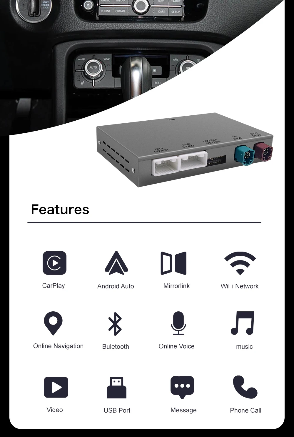 For Volkswagen Touareg RNS850 2010-2018 Wireless CarPlay Interface Android Auto with Voice Control Mirror Link GPS BT Functions