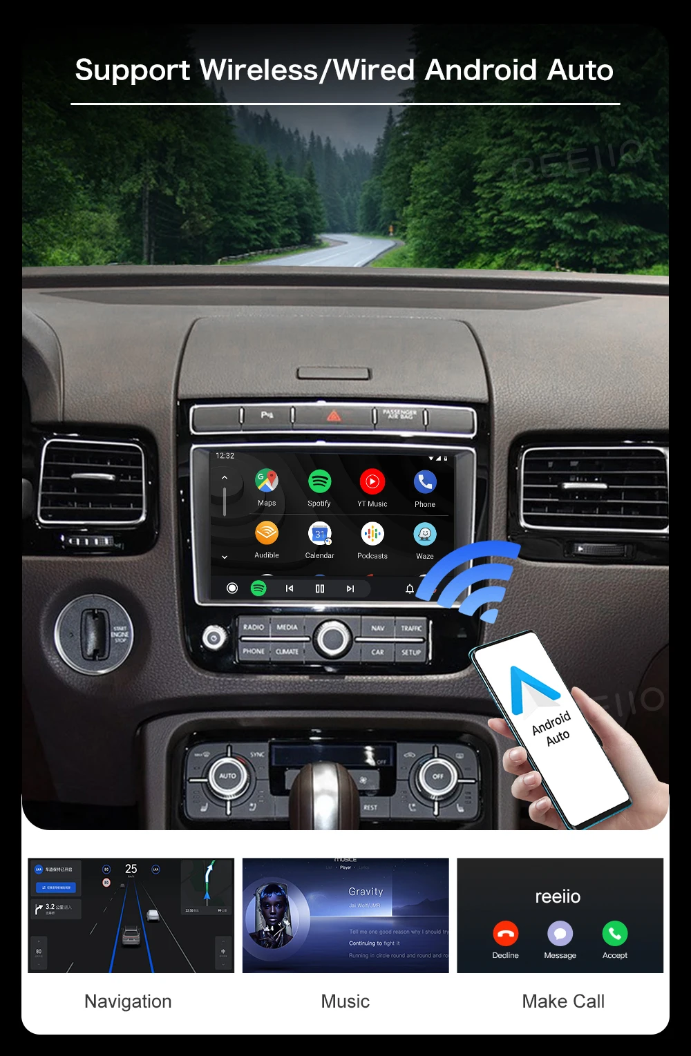 For Volkswagen Touareg RNS850 2010-2018 Wireless CarPlay Interface Android Auto with Voice Control Mirror Link GPS BT Functions