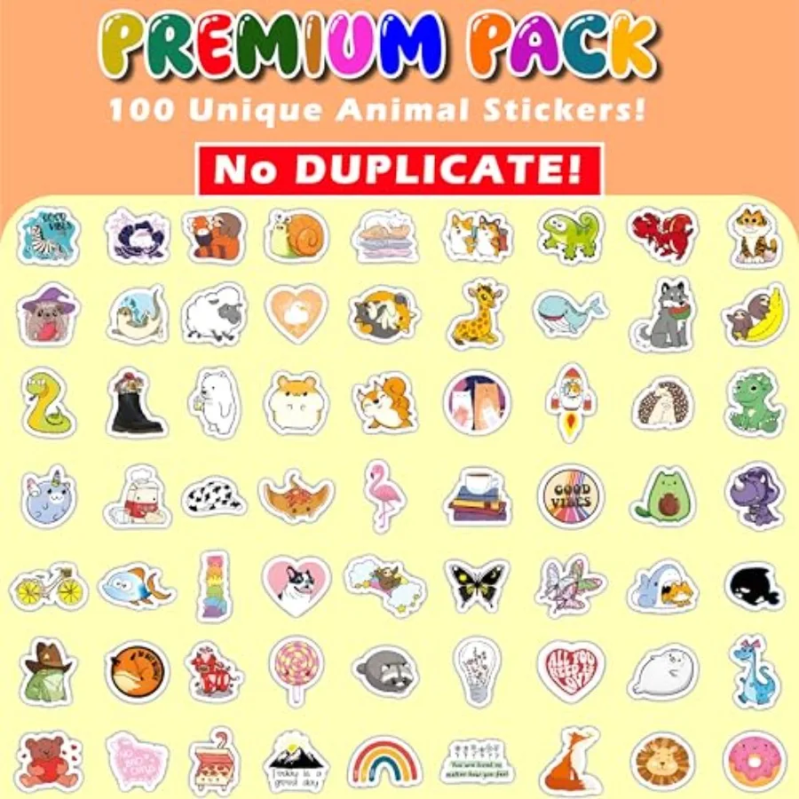 Water Bottle Stickers for : Waterproof Animal Design Assorted Colors No Duplicates Ideal for Classroom Rewards Party Favors Lap