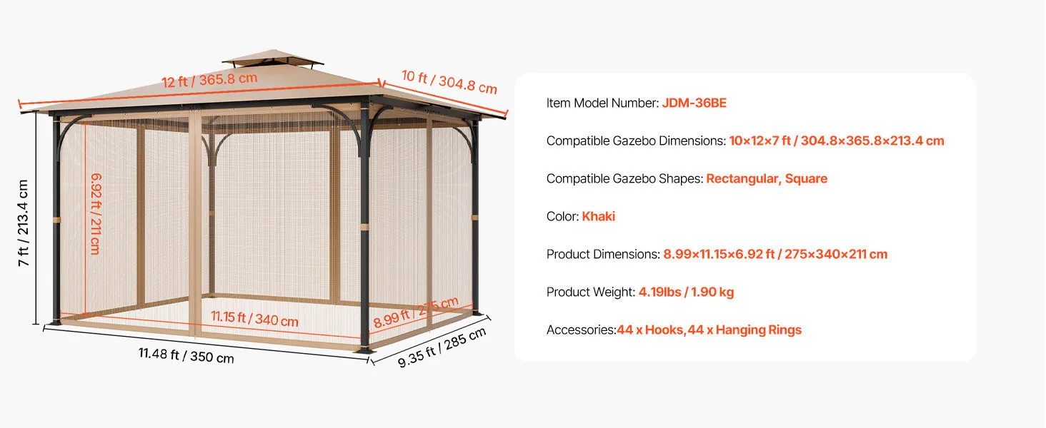 SucceBuy Gazebo Netting Replacement Fit Most 10 x 12 x 7FT Gazebo Curtain 4-Panel Sidewall Mesh Net Canopy Screen (Netting Only)