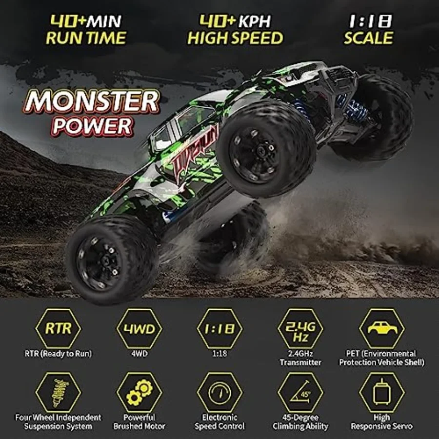 1:18 Scale All Terrain RC Car 40KPH High Speed 4WD Remote Control Vehicle with 2 Rechargeable Batteries 4X4 Off Road Monster Tr