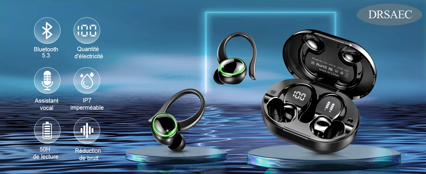 Wireless Earbuds Sports, Bluetooth Headphones 5.3, 4 ENC Noise Cancelling Mic, IP7 Waterproof Headset, 48H Playback.