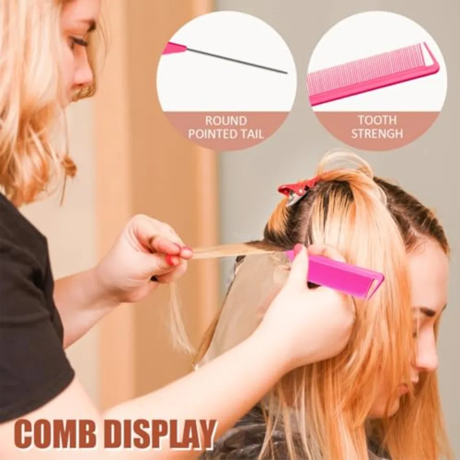 Hair Brush Set for Women and Girls Styling: Pink 4-Piece Three-Row Teasing Comb Edge Brush Rat Tail Comb