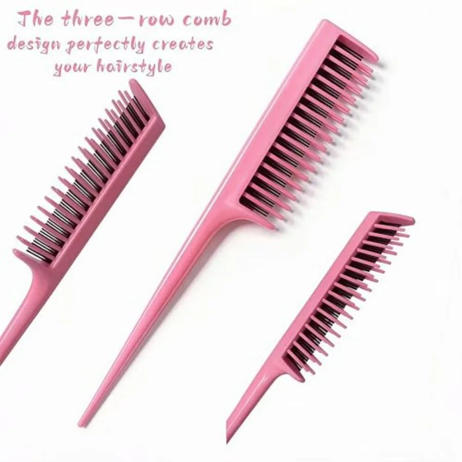 Hair Brush Set for Women and Girls Styling: Pink 4-Piece Three-Row Teasing Comb Edge Brush Rat Tail Comb