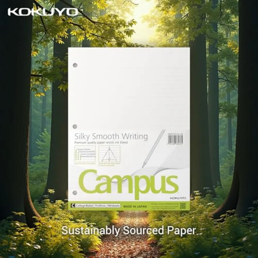 Kokuyo Campus Loose Leaf Paper for 3 Ring Binders, 8-1/4"x11", College Ruled Notebook Paper, 100 Sheets, 70 GSM Japanese Smooth