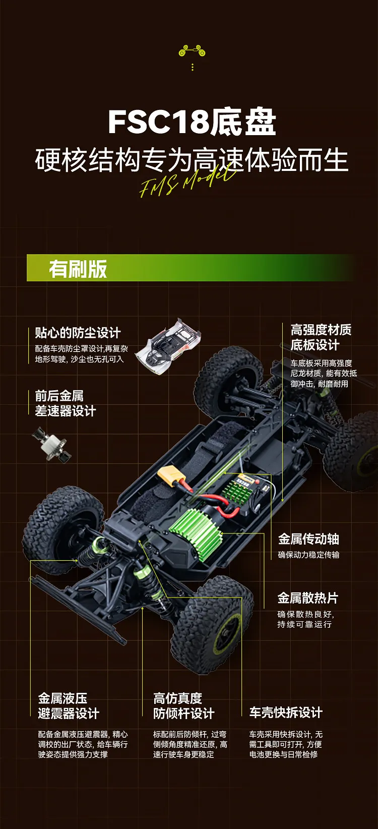 FMS 1/18 Liema Professional Brushless High-Speed Violent Four-Wheel Drive Racing Short Card Off-Road RC Remote Control Car Model