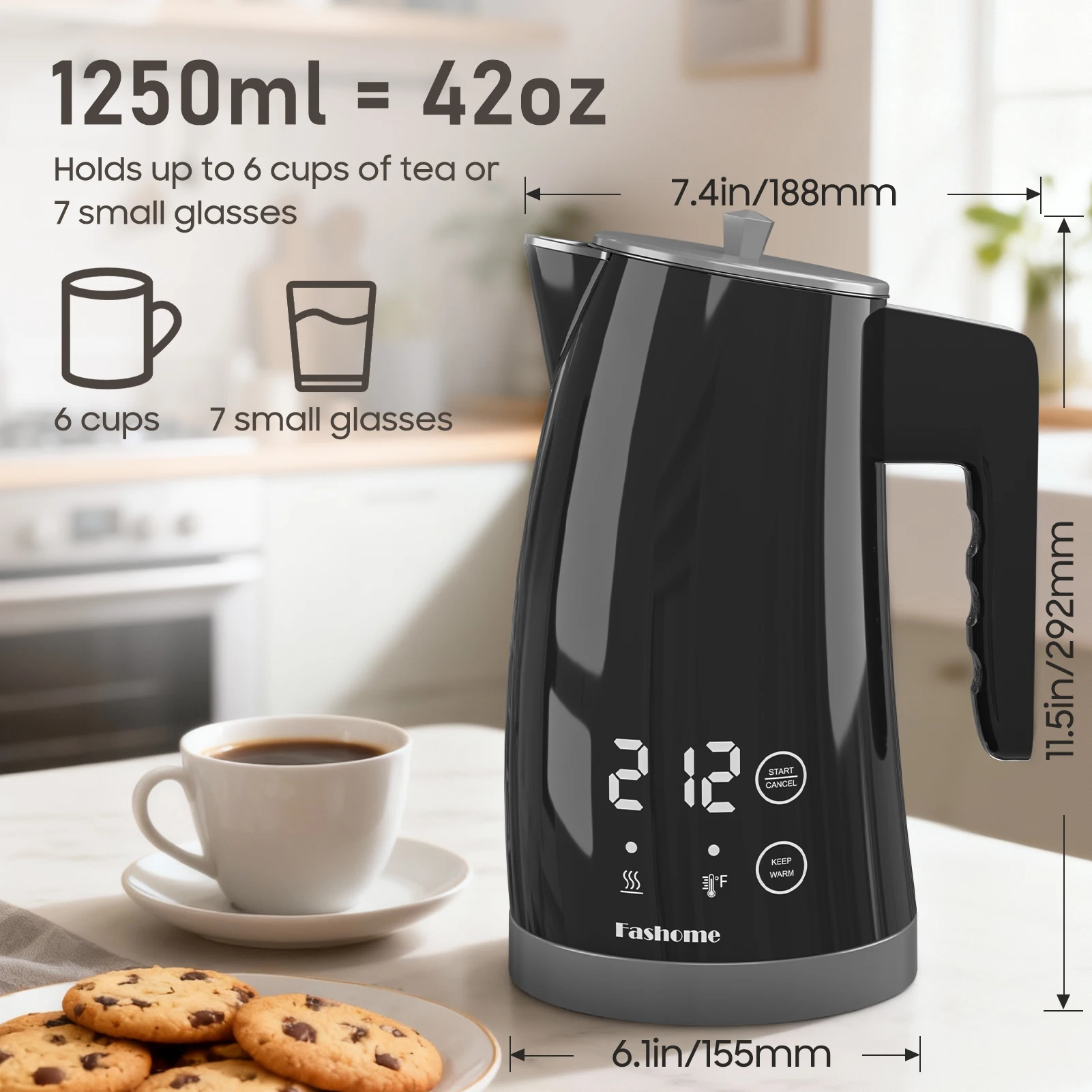 1.25L Electric Kettle Temperature Control, 1200W Fast Boil Electric Tea Kettle, Digital LED Display, 304 Stainless Steel Inner, Auto Shut Off, 2Hour Keep Warm, Hot Water Boiler For Coffee & Tea