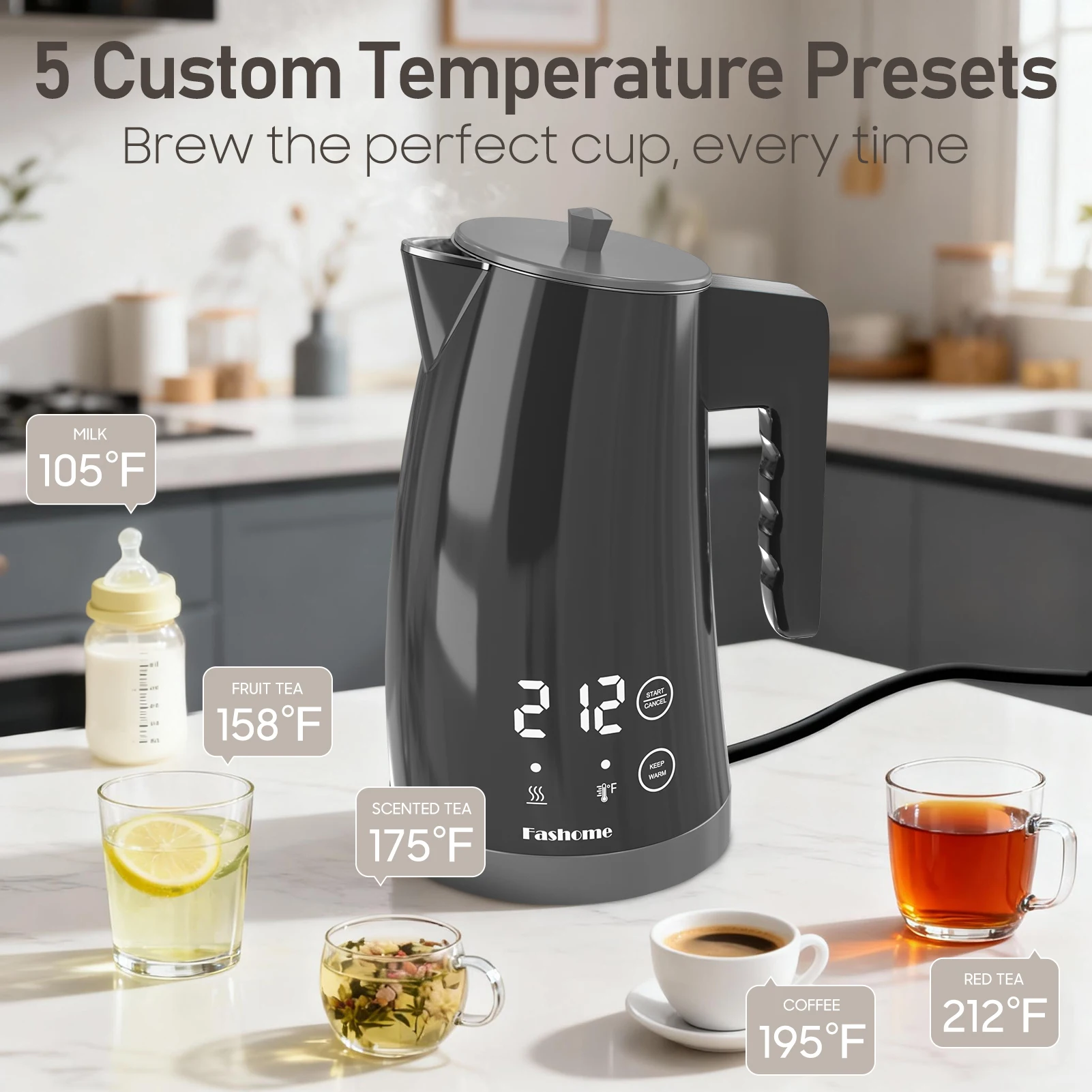 1.25L Electric Kettle Temperature Control, 1200W Fast Boil Electric Tea Kettle, Digital LED Display, 304 Stainless Steel Inner, Auto Shut Off, 2Hour Keep Warm, Hot Water Boiler For Coffee & Tea