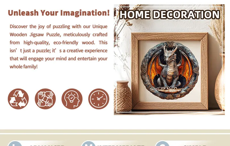 Vintage Stone Circle Dragon Wooden Jigsaw Puzzle, Unique Irregular Animal Shaped Pieces, 5A Advanced Difficulty, Family Stress Relief Game, Framable Wall Art Decor, Fantasy Dragon Lover Birthday Xmas Gift