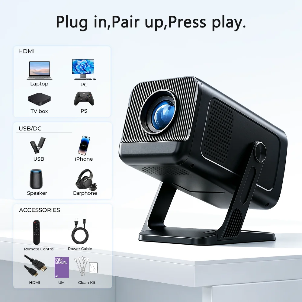 LYNCast Smart Projector with Android 14.0 & WiFi 6, 4K Support, Wireless Screen Mirroring X1, Perfect for TV Series, Movies, Gaming, Anime, Sports, K-Dramas, Concerts