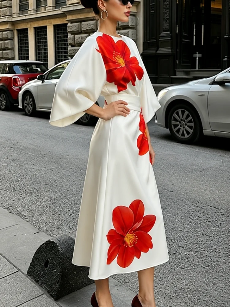 New Fashionable and Elegant Women's Clothing, with a Round Neckline and Deep Red Floral Print, Made of Polyester Fabric, Fluffy Sleeves Paired with a High-Waist Belt, American Size, Shipped from the US Warehouse, Delivered Quickly, Luxurious and Minimalis