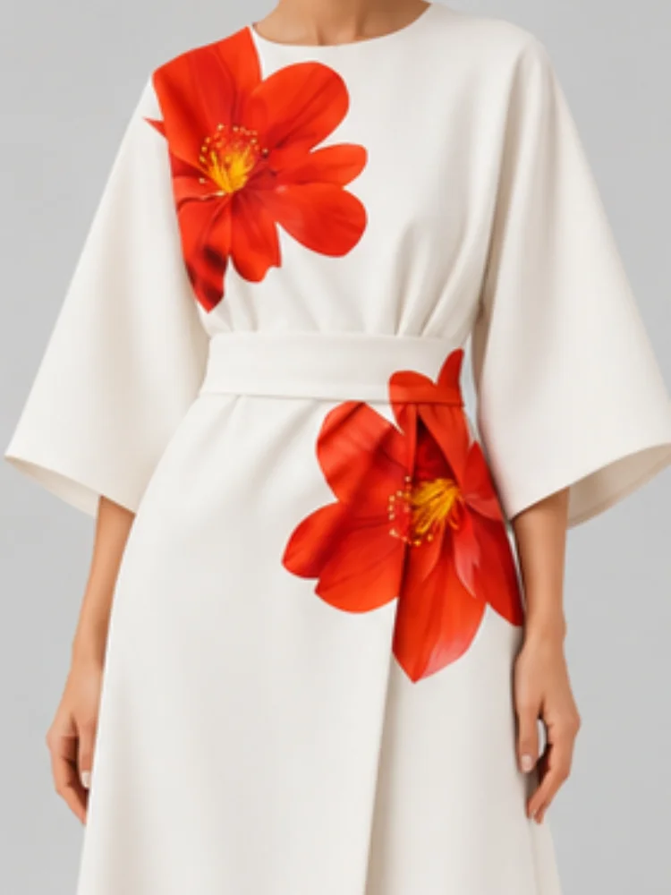 New Fashionable and Elegant Women's Clothing, with a Round Neckline and Deep Red Floral Print, Made of Polyester Fabric, Fluffy Sleeves Paired with a High-Waist Belt, American Size, Shipped from the US Warehouse, Delivered Quickly, Luxurious and Minimalis