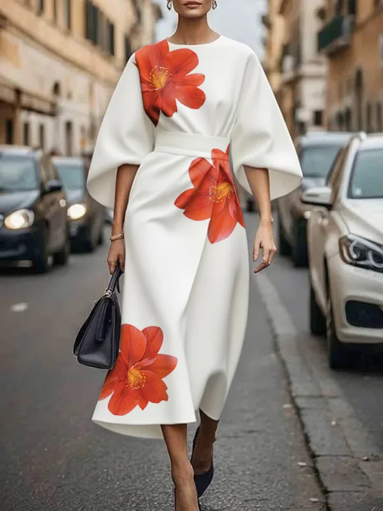 New Fashionable and Elegant Women's Clothing, with a Round Neckline and Deep Red Floral Print, Made of Polyester Fabric, Fluffy Sleeves Paired with a High-Waist Belt, American Size, Shipped from the US Warehouse, Delivered Quickly, Luxurious and Minimalis
