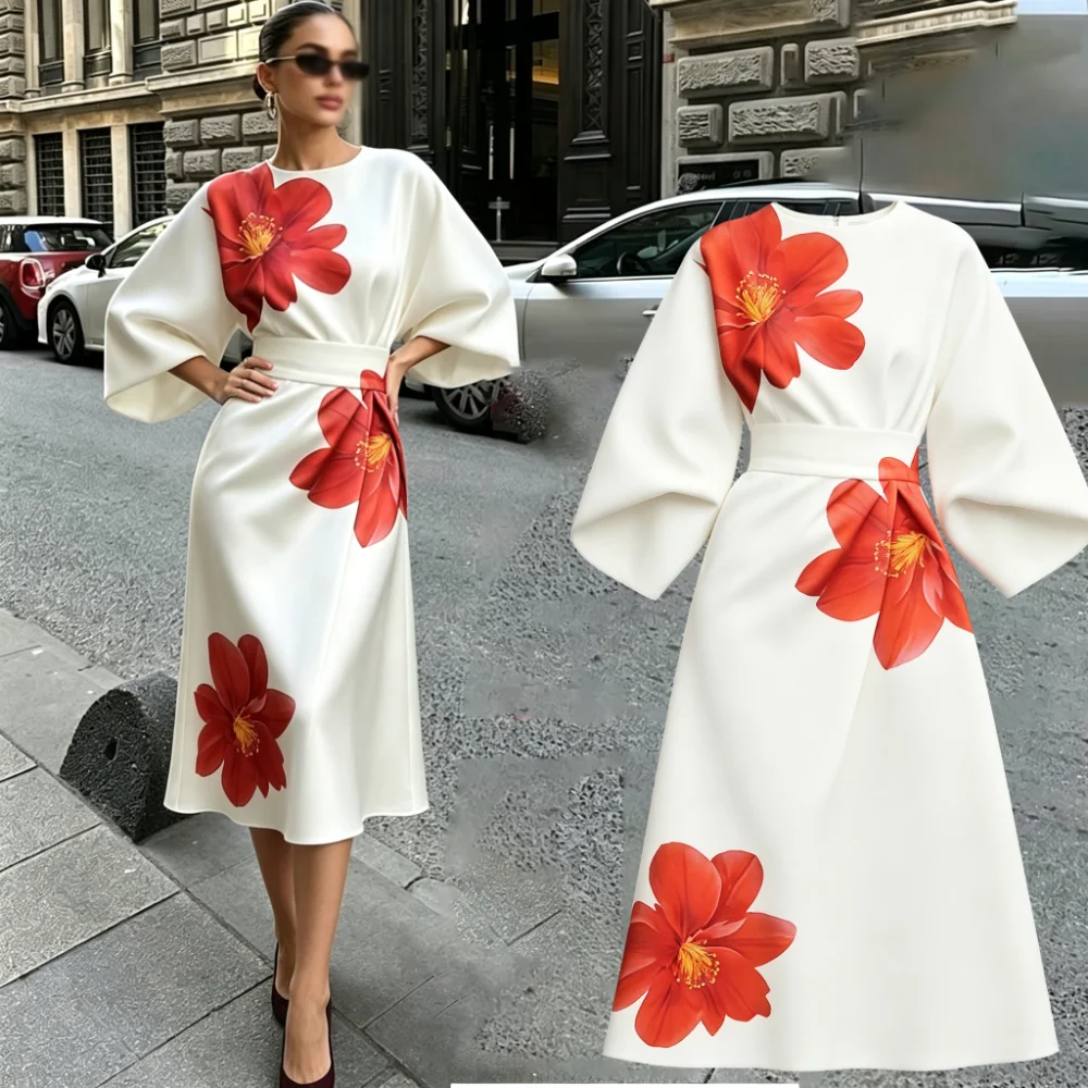 New Fashionable and Elegant Women's Clothing, with a Round Neckline and Deep Red Floral Print, Made of Polyester Fabric, Fluffy Sleeves Paired with a High-Waist Belt, American Size, Shipped from the US Warehouse, Delivered Quickly, Luxurious and Minimalis