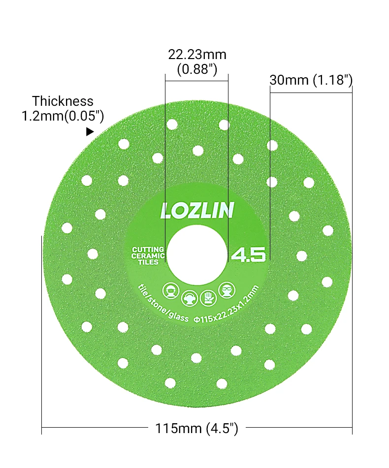 LOZLIN 3PCS 115mm Diamond Saw Blades For Cutting And Grinding Tile And Marble, Ceramic, 45 Degree Chamfered Cutting Disc Porous Design, Angle Grinder Tools