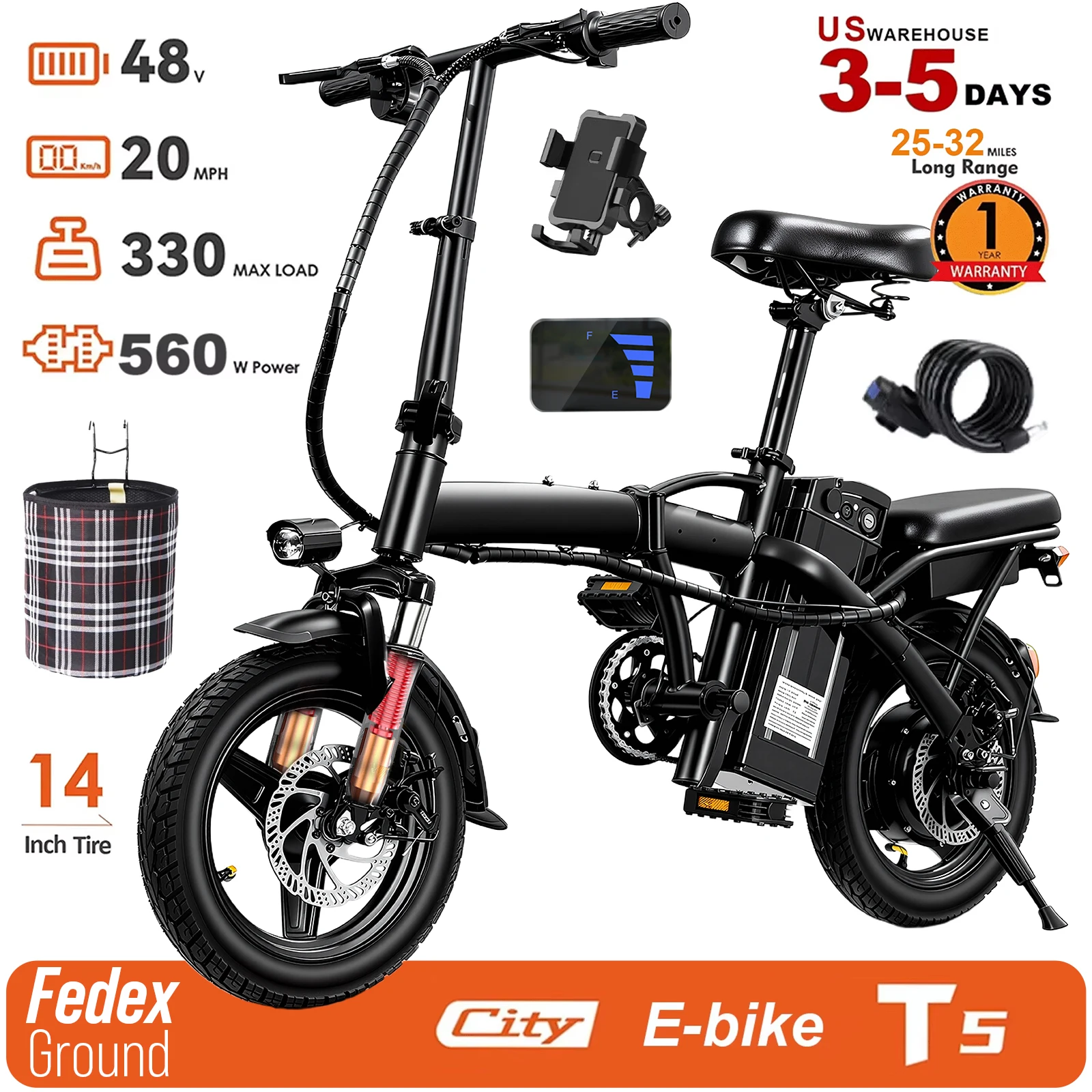 Adult Electric Bike,560W Motor,20MPH,48V Removable Battery,14inch Folding Electric Bike,Maximum 32 Miles,1Year Warranty Ebike