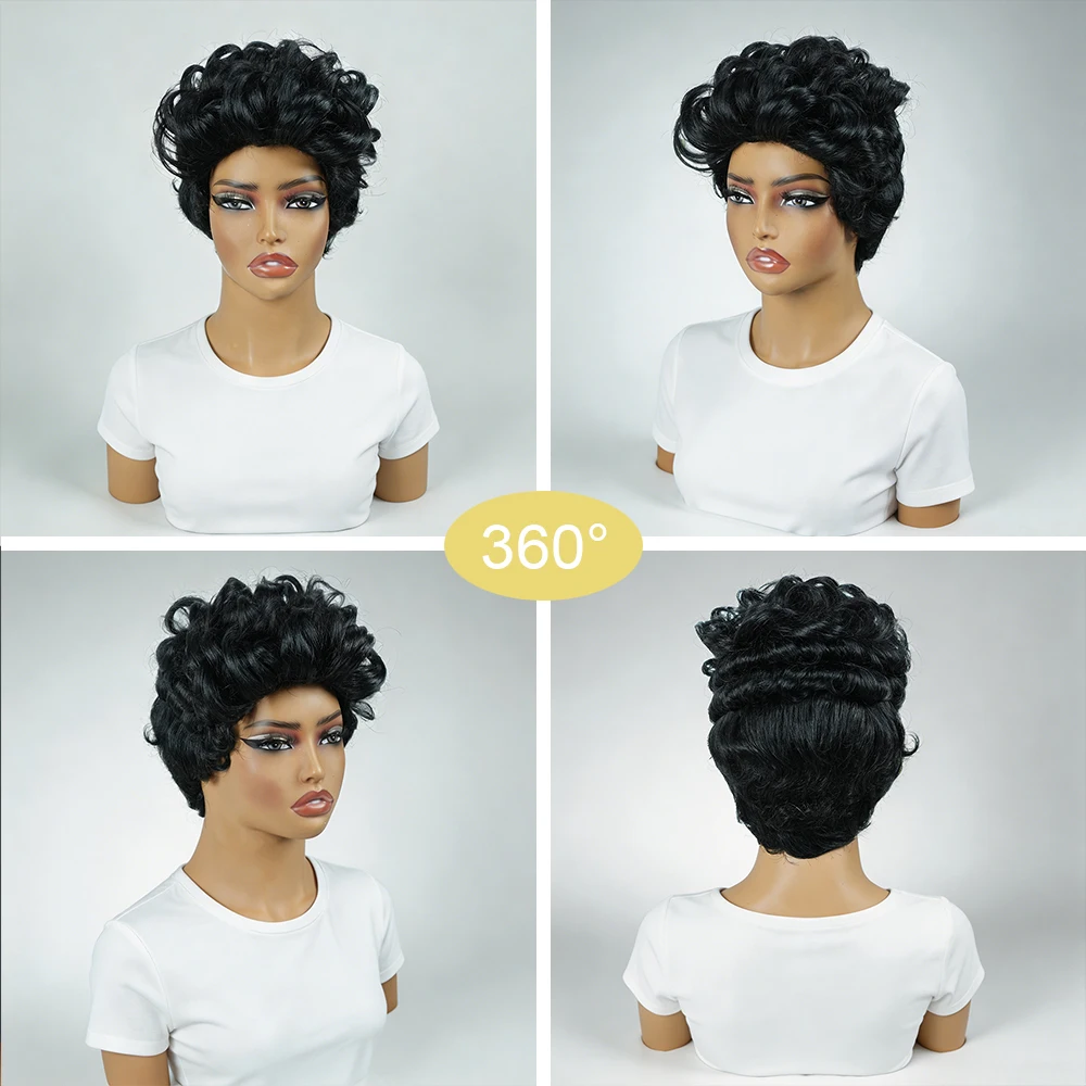 Natural Black Voluminous Fluffy Short Curly Pixie Cut Human Hair Wig, Lightweight Solid Black Bouncy Loose Curl Short Pixie Wig, Full Machine-Made for Daily Wear and Wedding/Birthday Special Occasions