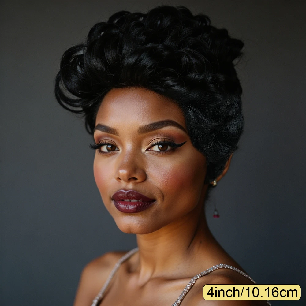 Natural Black Voluminous Fluffy Short Curly Pixie Cut Human Hair Wig, Lightweight Solid Black Bouncy Loose Curl Short Pixie Wig, Full Machine-Made for Daily Wear and Wedding/Birthday Special Occasions