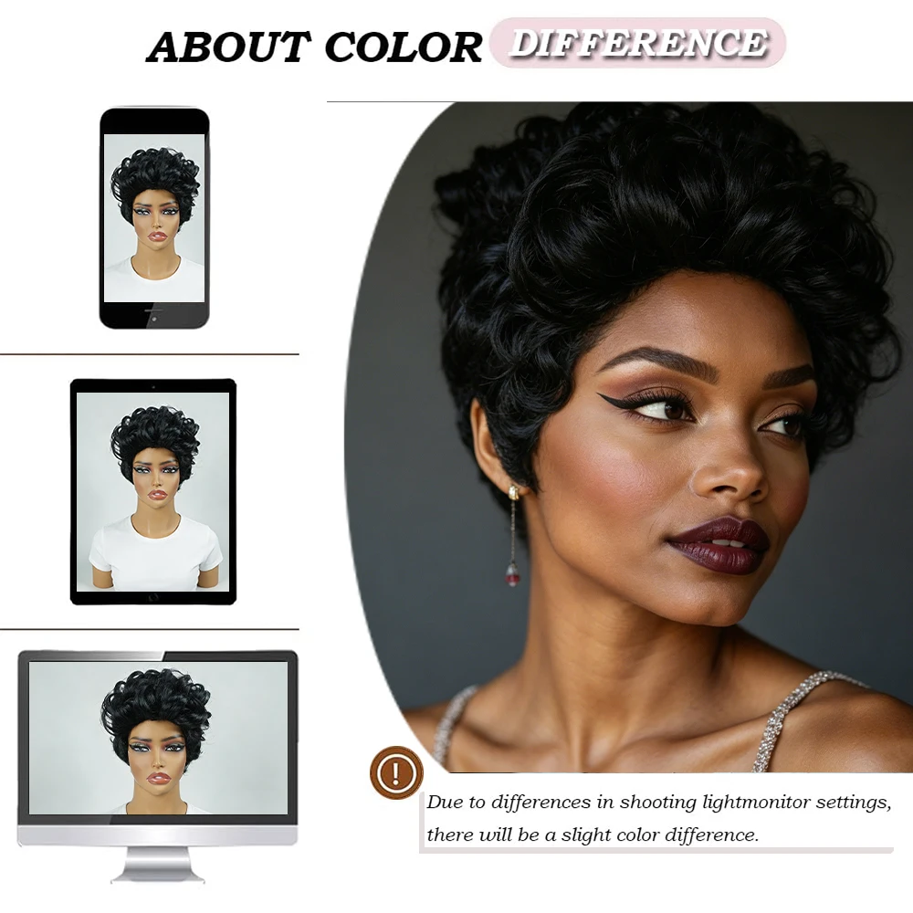 Natural Black Voluminous Fluffy Short Curly Pixie Cut Human Hair Wig, Lightweight Solid Black Bouncy Loose Curl Short Pixie Wig, Full Machine-Made for Daily Wear and Wedding/Birthday Special Occasions