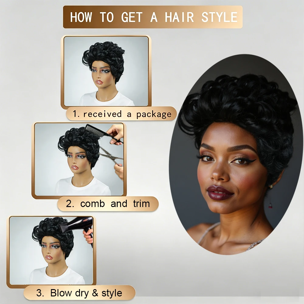 Natural Black Voluminous Fluffy Short Curly Pixie Cut Human Hair Wig, Lightweight Solid Black Bouncy Loose Curl Short Pixie Wig, Full Machine-Made for Daily Wear and Wedding/Birthday Special Occasions