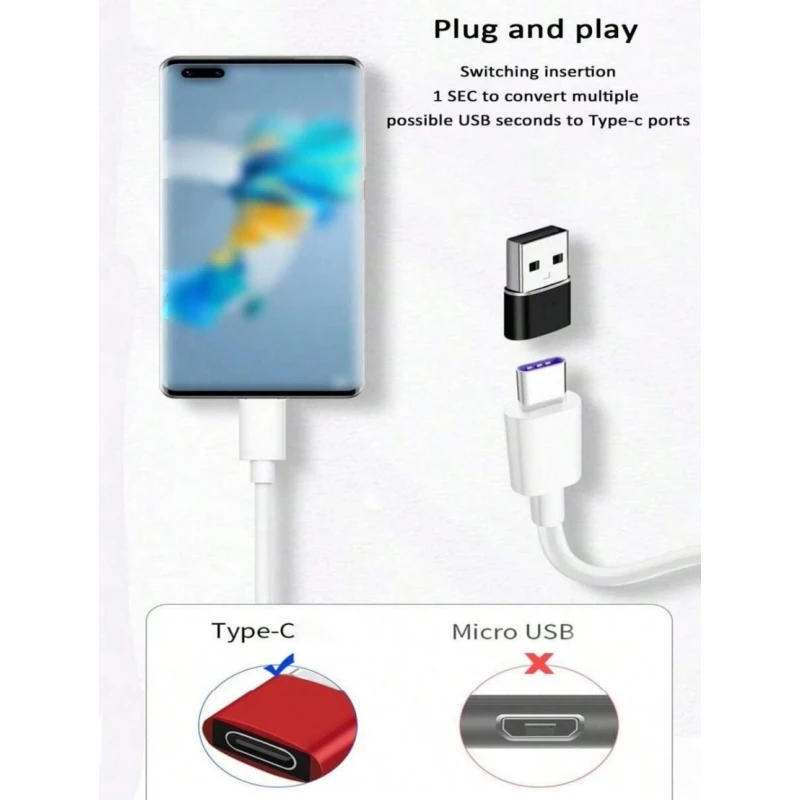 USB To Type-C Adapter, Suitable For Charging &Data Transfer Between Phones, Computers, Cameras With USB To Type-C Interface