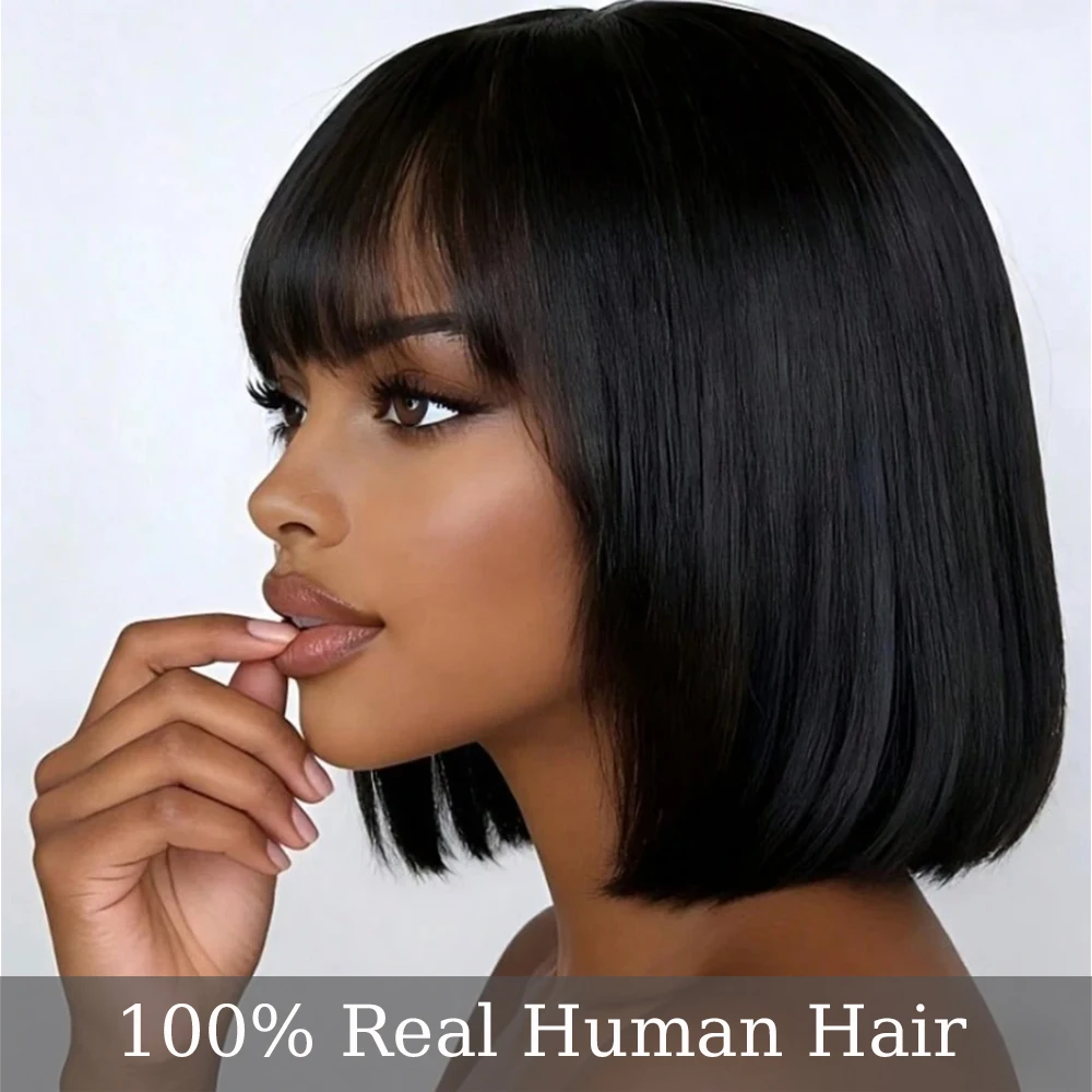 Solid Black Short Blunt Cut Bob Human Hair Wig with Full Bangs- Lightweight Pure Black Sleek Straight Blunt Cut Bob Wig with Thick Fringes, Full Machine Made Easy Wear Bowl Cut Wig for Everyday & Special Occasions