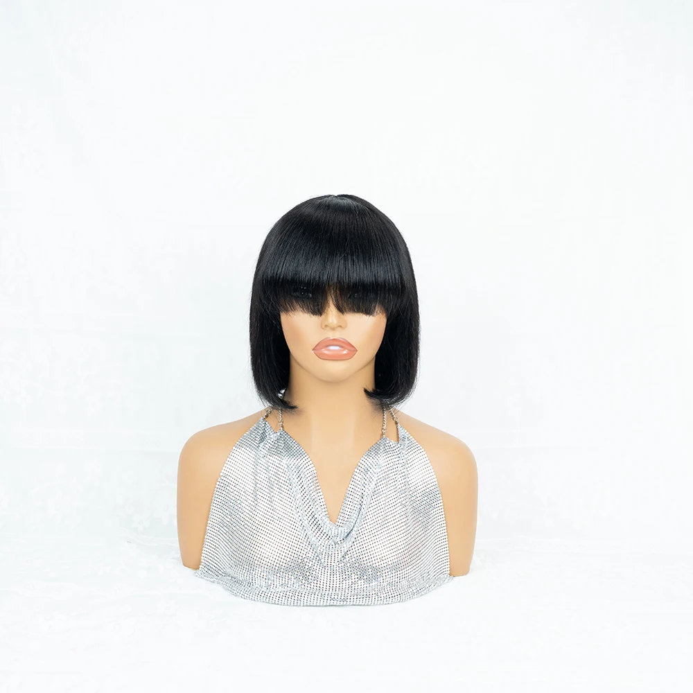Solid Black Short Blunt Cut Bob Human Hair Wig with Full Bangs- Lightweight Pure Black Sleek Straight Blunt Cut Bob Wig with Thick Fringes, Full Machine Made Easy Wear Bowl Cut Wig for Everyday & Special Occasions