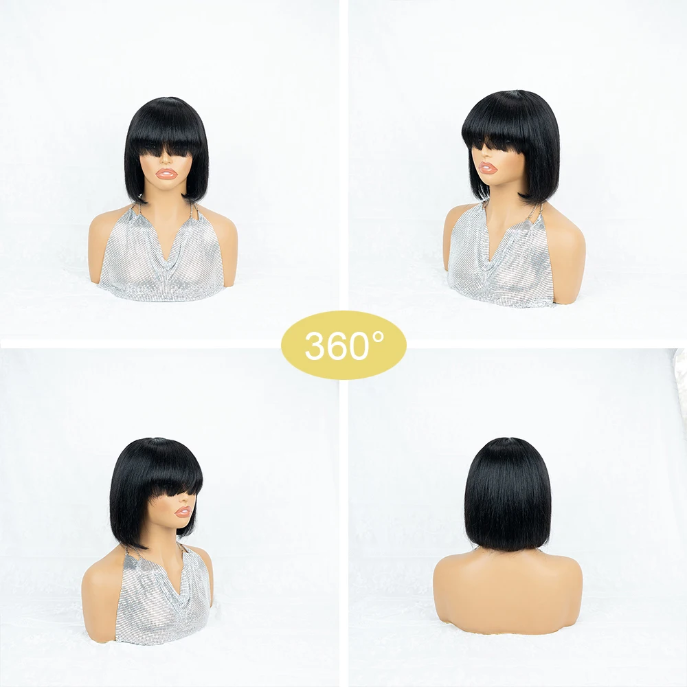Solid Black Short Blunt Cut Bob Human Hair Wig with Full Bangs- Lightweight Pure Black Sleek Straight Blunt Cut Bob Wig with Thick Fringes, Full Machine Made Easy Wear Bowl Cut Wig for Everyday & Special Occasions