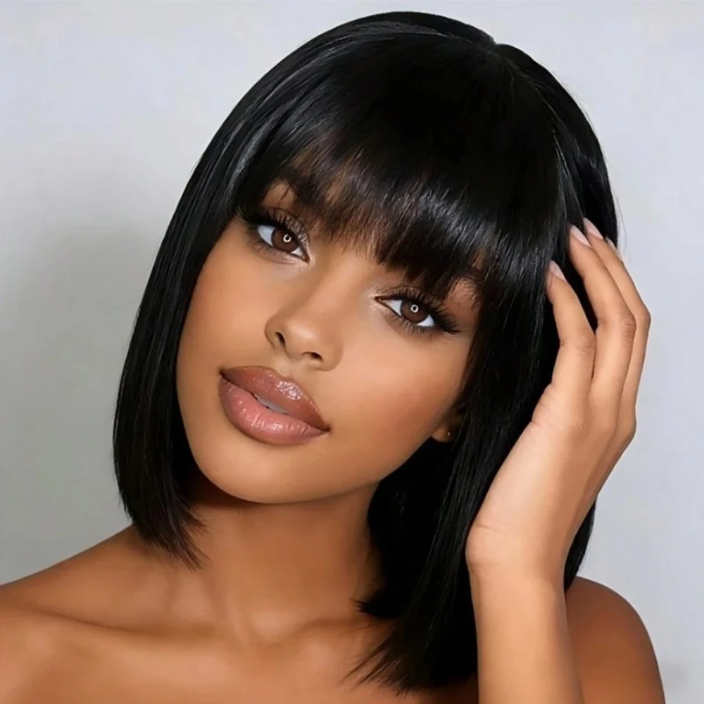 Solid Black Short Blunt Cut Bob Human Hair Wig with Full Bangs- Lightweight Pure Black Sleek Straight Blunt Cut Bob Wig with Thick Fringes, Full Machine Made Easy Wear Bowl Cut Wig for Everyday & Special Occasions
