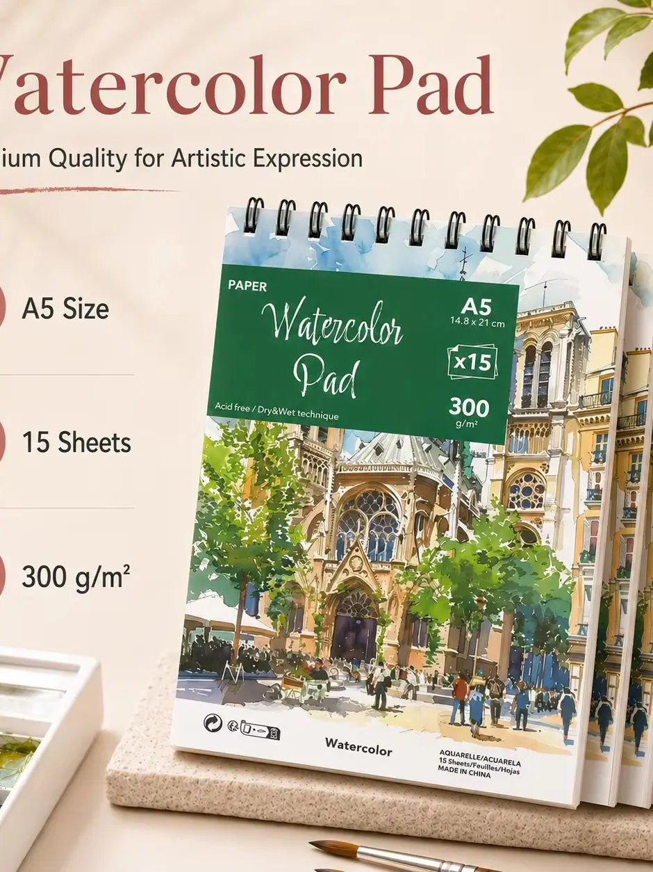 A5 Watercolor Pad | 15 Sheets 300gsm Acid-Free Paper | For Dry & Wet Painting | Back to School Art Supplies