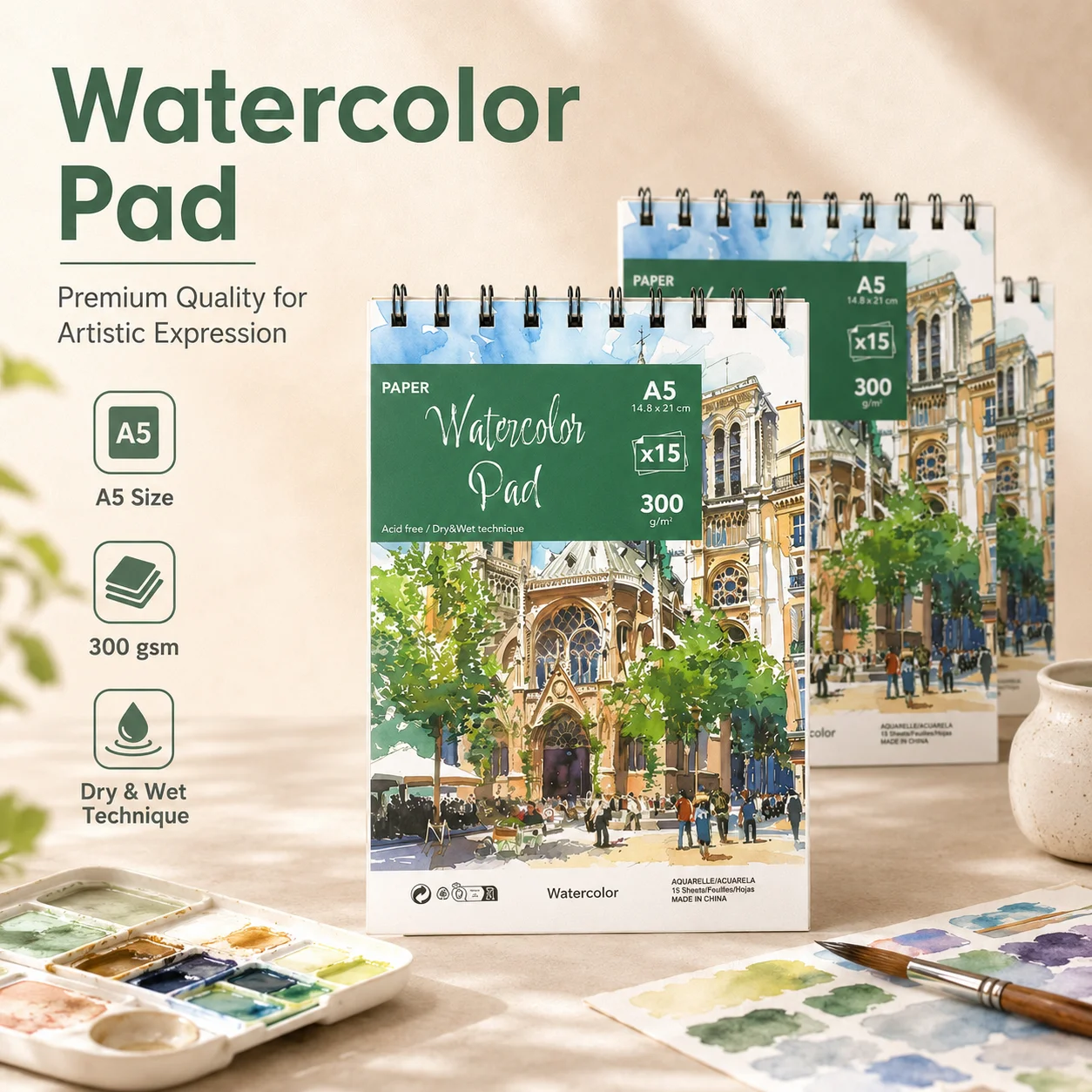 A5 Watercolor Pad | 15 Sheets 300gsm Acid-Free Paper | For Dry & Wet Painting | Back to School Art Supplies