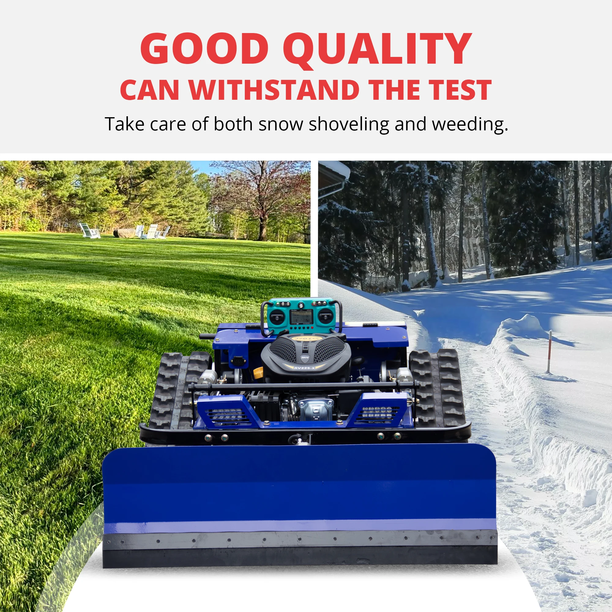 Remote Control Steep Slope Lawn Mower with Snow Shovel, Rechargeable Grass Cutter Comes with Replacement Blades & Air Filter for Home Garden Yard