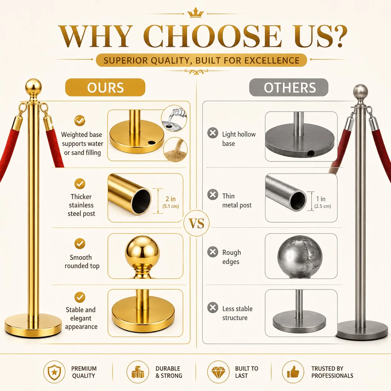 4/8Pcs Gold Stanchion Posts with Velvet Ropes, Stainless Steel Crowd Control Barrier Set, 96cm Queue Poles with Fillable Bases for Red Carpet Wedding Exhibition Events
