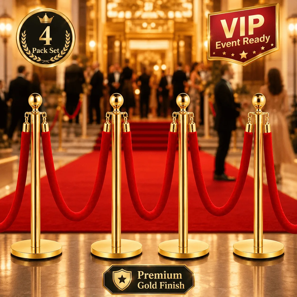 4/8Pcs Gold Stanchion Posts with Velvet Ropes, Stainless Steel Crowd Control Barrier Set, 96cm Queue Poles with Fillable Bases for Red Carpet Wedding Exhibition Events
