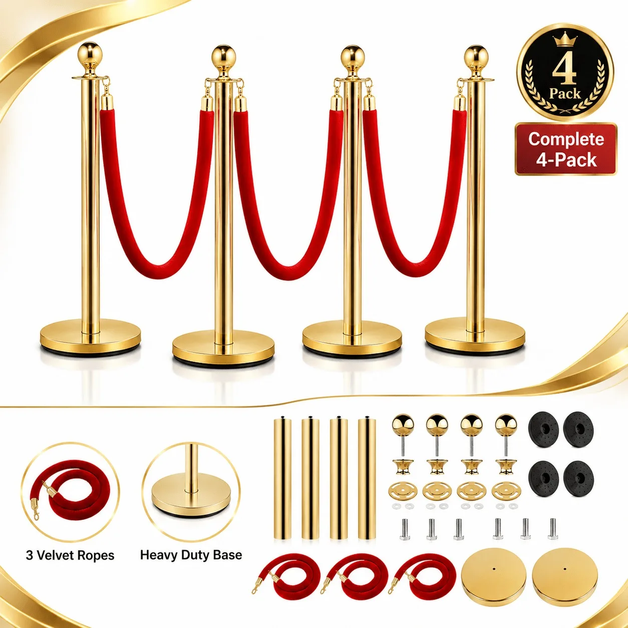 4/8Pcs Gold Stanchion Posts with Velvet Ropes, Stainless Steel Crowd Control Barrier Set, 96cm Queue Poles with Fillable Bases for Red Carpet Wedding Exhibition Events
