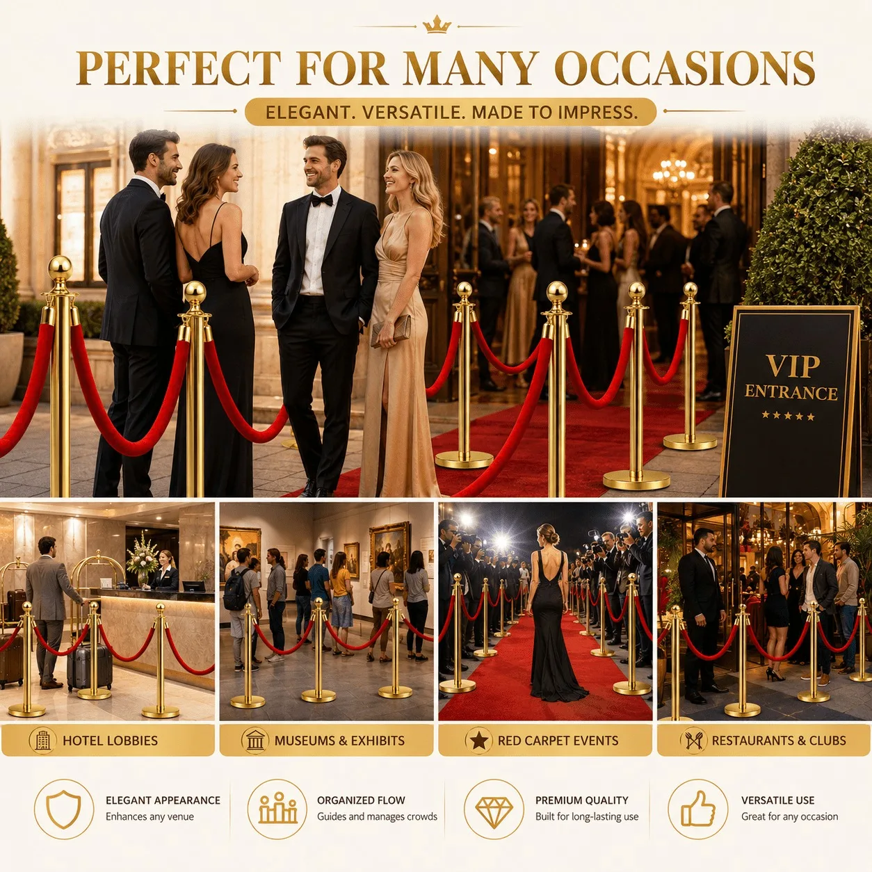 4/8Pcs Gold Stanchion Posts with Velvet Ropes, Stainless Steel Crowd Control Barrier Set, 96cm Queue Poles with Fillable Bases for Red Carpet Wedding Exhibition Events