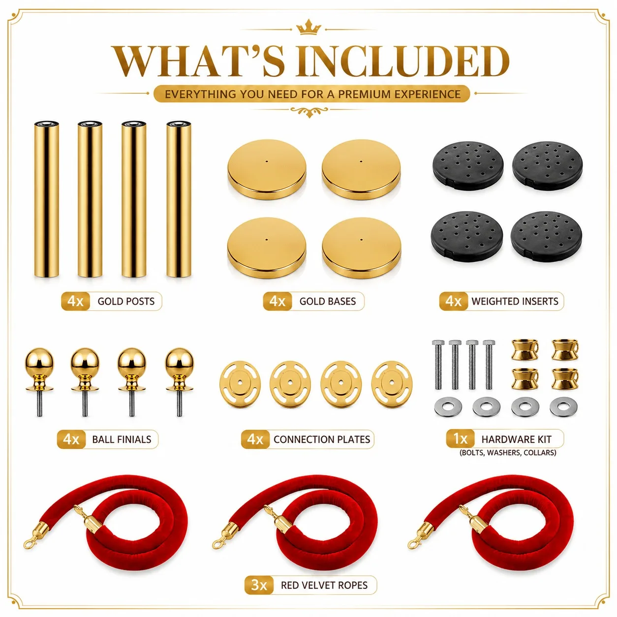 4/8Pcs Gold Stanchion Posts with Velvet Ropes, Stainless Steel Crowd Control Barrier Set, 96cm Queue Poles with Fillable Bases for Red Carpet Wedding Exhibition Events