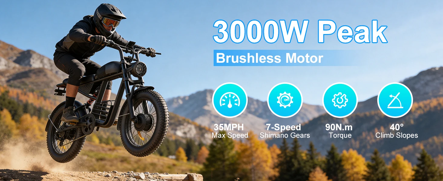 FLIWIN 3000W Dual Motors Electric Bike, 48V 35Ah Battery, 20" Fat Tire Ebike, 7-Speed with Dual Suspension, UL 2849, US Warehouse, 1 Year Warranty